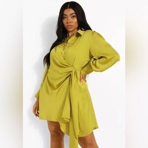 Boohoo Chartreuse Long Sleeve Wrap Dress